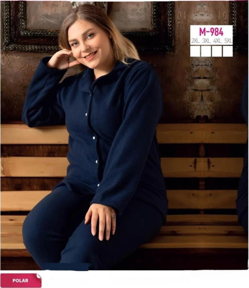 Kadın Büyük Beden Kışlık Polar Gömlek Yaka Pijama Takımı M 984- 1 Adet Lacivert-5XL