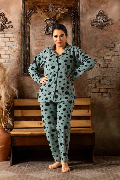 Kadın Büyük Beden Kışlık Polar Gömlek Yaka Pijama Takımı 484 - 1 Adet Yeşil-3XL