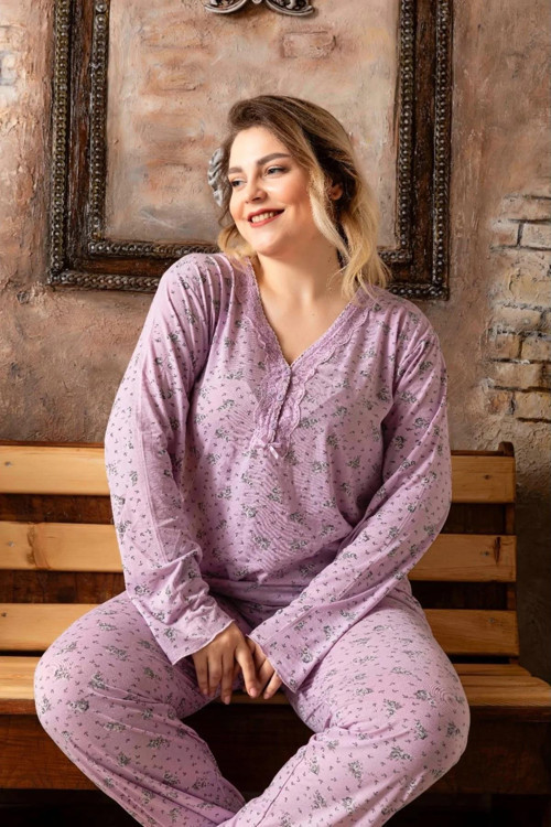Kadın Bambu Büyük Beden Uzun V Yaka İnce Pijama Takımı 4356 - 1 Adet Lila-2XL