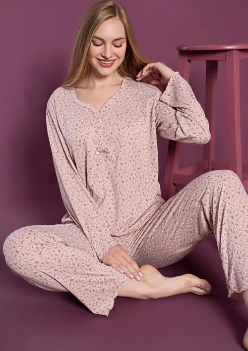 Kadın Düğmeli V Yaka İnce Pijama Takım 4203 - 1 Adet Pembe-M