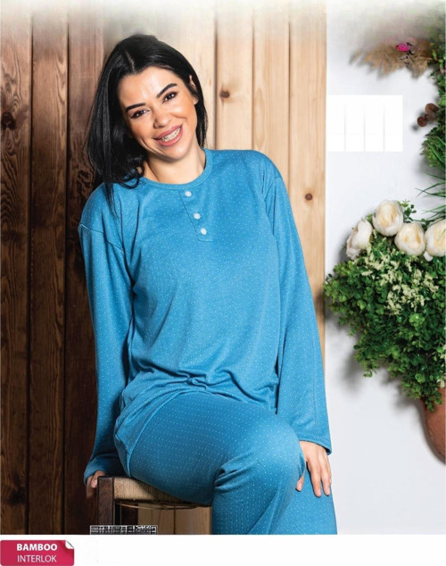 Kadın Bambu İnterlok Büyük Beden Uzun Kol Yakası Düğmeli Pijama Takımı A939/15 - 1 Adet Mavi-3XL