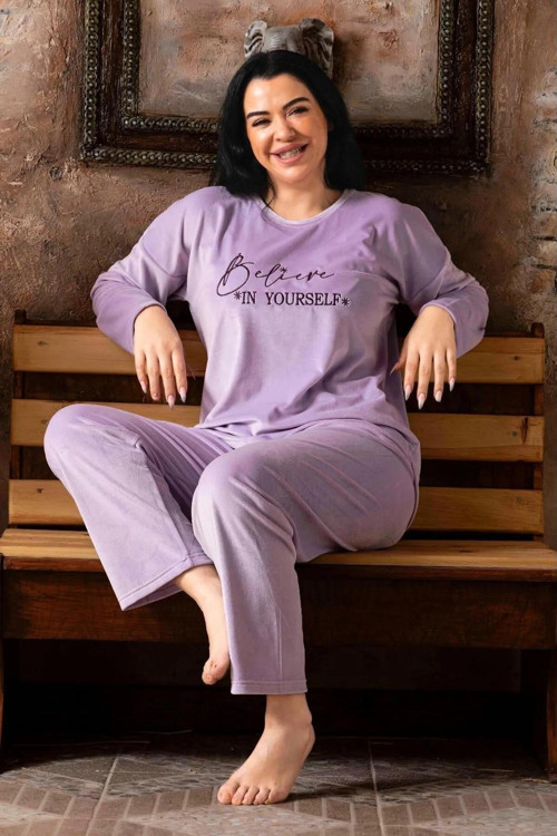Kadın Kışlık Büyük Beden Bisiklet Yaka Kadife Pijama Takımı K200/845 - 1 Adet Lila-3XL