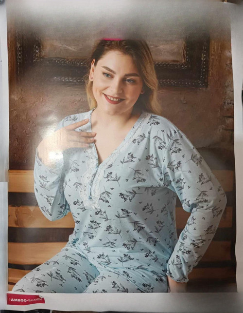 Kadın Bambu Büyük Beden Uzun Kol V Yakası Nakışlı İnce Pijama Takımı P/4331- 1 Adet Mavi-2XL