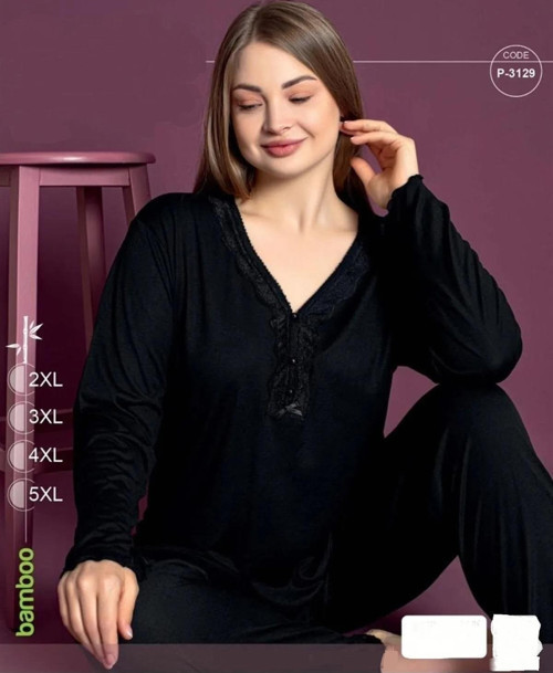 Kadın Bambu Büyük Beden Yakası Nakışlı V Yaka İnce Pijama Takımı P3129 - 1 Adet Siyah-2XL