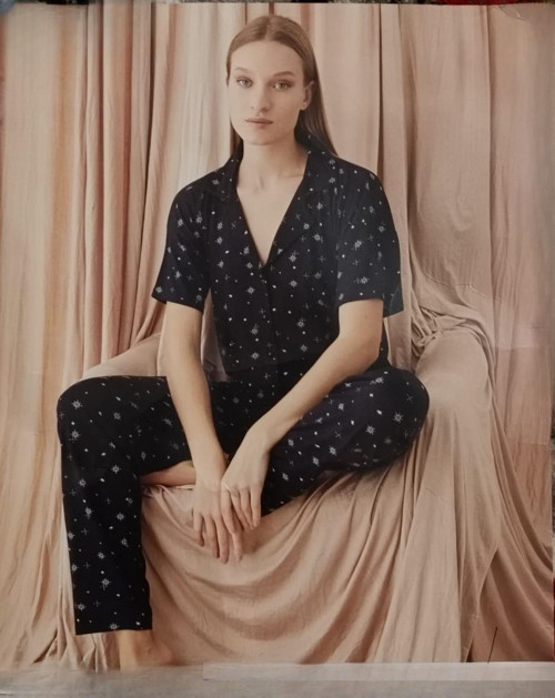 Kadın Viskon Boydan Düğmeli Kısa Kol İnce Pijama Takımı 7510/3 - 1 Adet Siyah-L