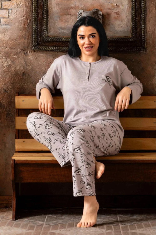 Kadın Bambu Büyük Beden Uzun Kol Yakası Düğmeli Pijama Takımı P964-14 - 1 Adet Gri-2XL
