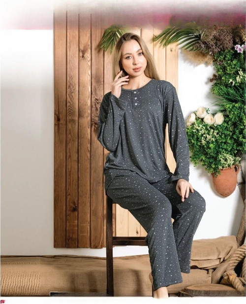 Kadın Bambu İnterlok Düğme Yaka Uzun Kol Pijama Takımı A/962-15 - 1 Adet Füme-2XL