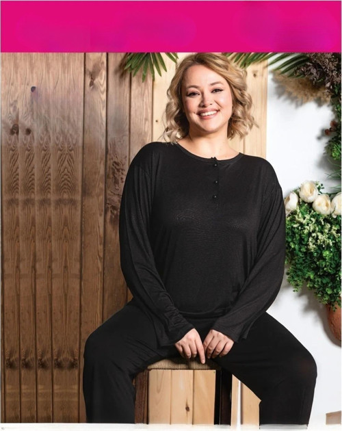 Kadın Bambu Büyük Beden Düğme Yaka İnce Uzun Kol Pijama Takımı M/959- 1 Adet Siyah-3XL