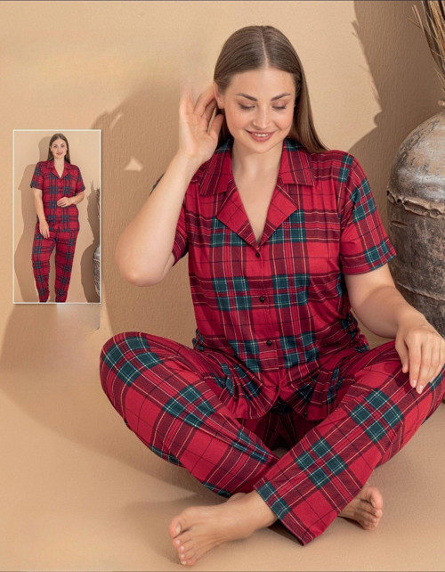 Kadın Milan Büyük Beden Boydan Düğmeli Kısa Kol İnce Pijama Takımı 11081 - 1 Adet Kırmızı-4XL