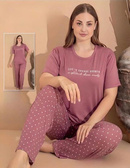 Kadın Milan Büyük Beden Bisiklet Yaka Kısa Kol İnce Pijama Takımı 11052 - 1 Adet Pudra-2XL