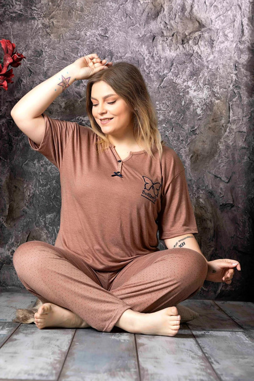 Kadın Bambu Büyük Beden Düğme Yaka İnce Kısa Kol Pijama Takımı P300/146 - 1 Adet Kahverengi-2XL