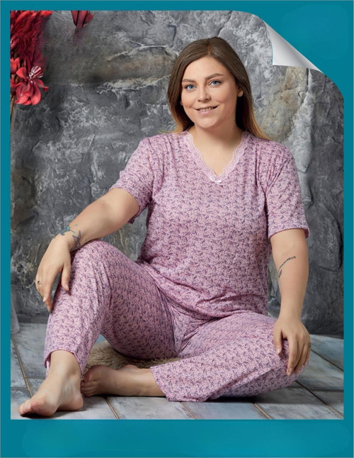 Kadın Bambu Büyük Beden Yakası Nakışlı V Yaka Kısa Kol Pijama Takımı P300/524 - 1 Adet Pembe-2XL