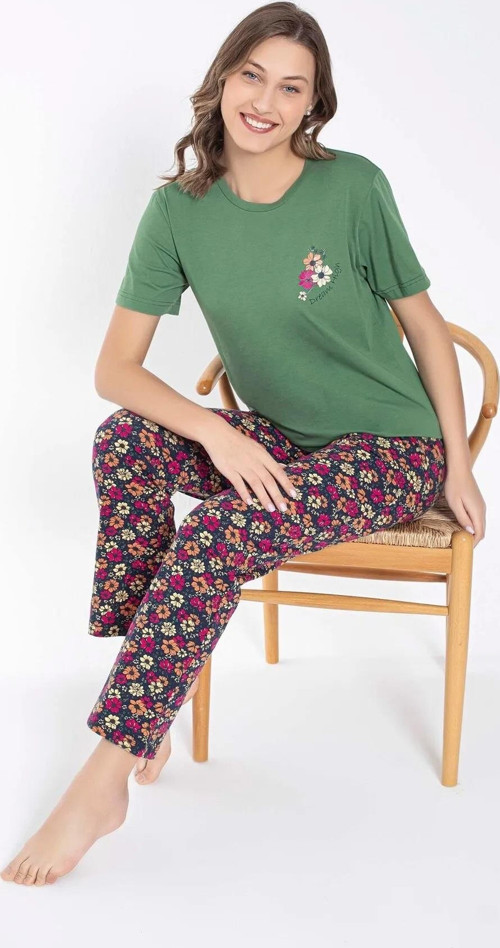 Kadın Bisiklet Yaka Çiçek Desenli Pijama Takımı 6032 -1 Adet Yeşil-L