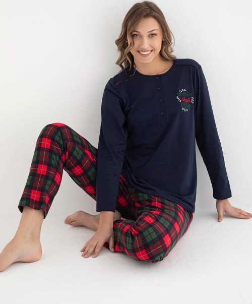 Kadın Düğme Yaka Uzun Kol Pijama Takımı 6000 -1 Adet Lacivert-XL