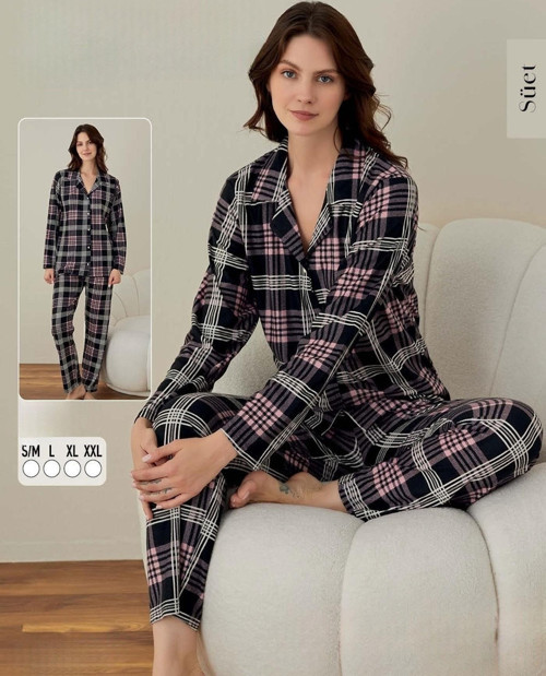 Kadın Süet Boydan Düğmeli Pijama Takımı 02008 - 1 Adet Gri-L