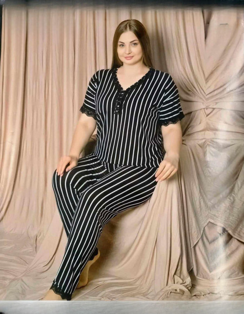 Kadın Viskon Büyük Beden Kısa Kol V Yaka İnce Pijama Takımı 7530/1 - 1 Adet Siyah-5XL
