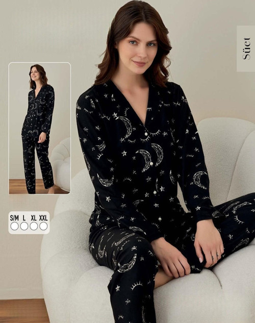 Kadın Süet Boydan Düğmeli Pijama Takımı 02009 - 1 Adet Siyah-S - M