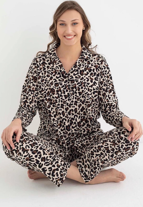 Kadın Gömlek Yaka Uzun Kol Leopar Desenli Pamuklu Pijama Takımı 6007 -1 Adet Kahverengi-2XL