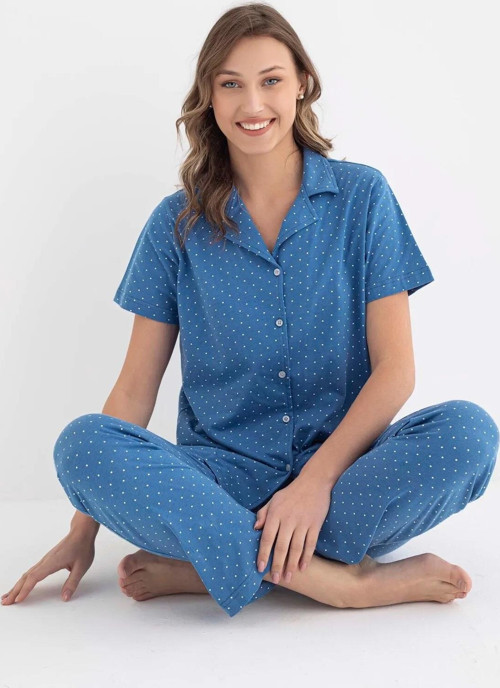 Kadın Gömlek Yaka Kısa Kol Pamuklu Pijama Takımı 6011 -1 Adet Mavi-2XL