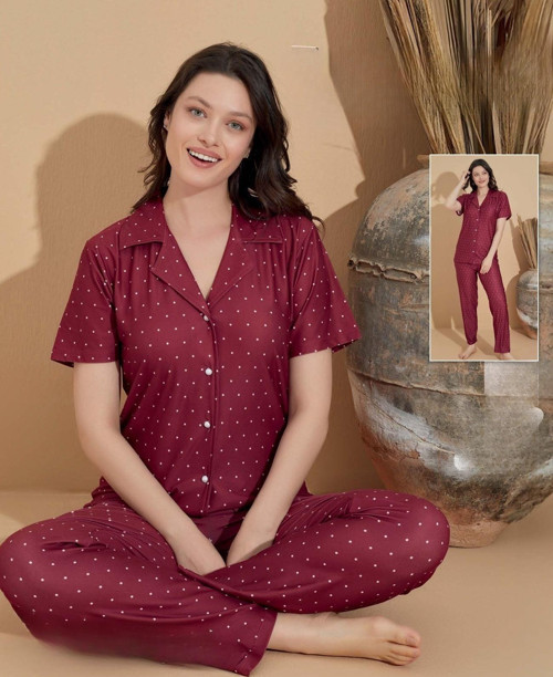 Kadın Milan Boydan Düğmeli Kısa Kol İnce Pijama Takımı 11037 - 1 Adet Bordo-XL