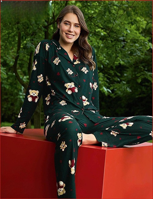 Kadın Süet Önden Düğmeli Likralı Pijama Takımı 9 - 1 Adet Yeşil-XL