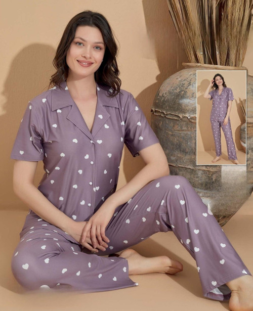 Kadın Milan Boydan Düğmeli Kısa Kol İnce Pijama Takımı 11039 - 1 Adet Lila-L