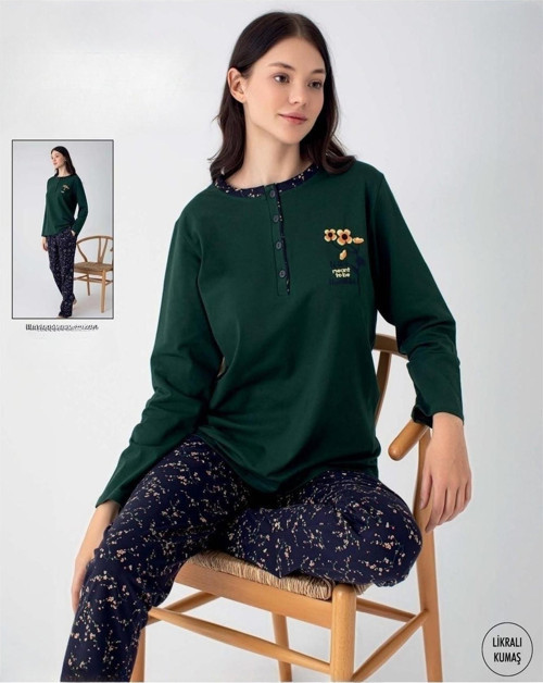 Kadın Düğmeli Yaka Uzun Kol Pamuk Likralı Pijama Takımı 6055 -1 Adet Haki-XL