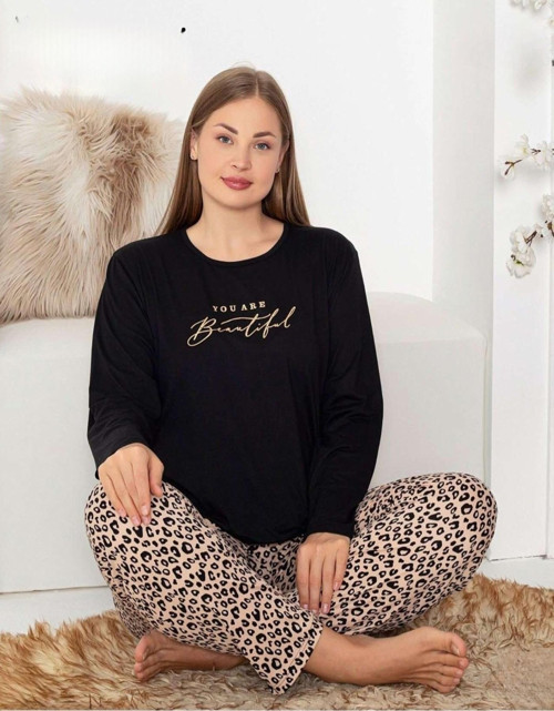 Kadın Milan Büyük Beden Bisiklet Yaka Uzun Kol İnce Pijama Takımı 7666/10- 1 Adet Siyah-4XL