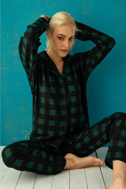 Kadın Süet Önden Düğmeli Pijama Takımı 56602 - 1 Adet Yeşil-XL