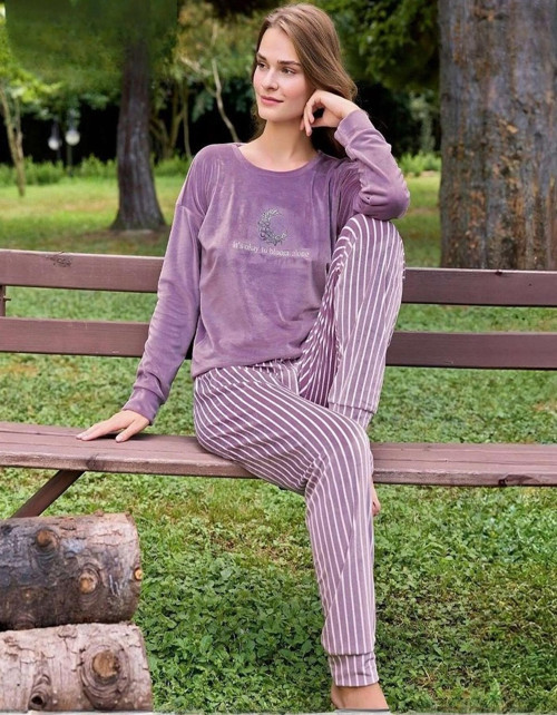 Kadın Kışlık Bisiklet Yaka Likralı Kadife Pijama Takımı 4210/6- 1 Adet Lila-S - M