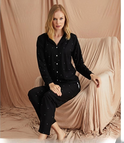 Kadın Süet Önden Düğmeli Pijama Takımı 56607 - 1 Adet Siyah-XL