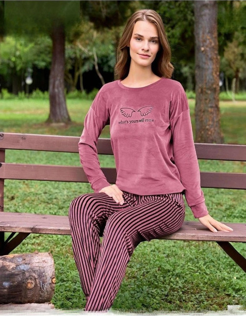Kadın Kışlık Bisiklet Yaka Likralı Kadife Pijama Takımı 4210/10- 1 Adet Gül Kurusu-L