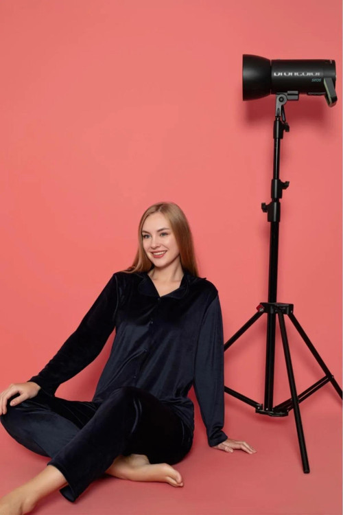 Charme Kadın Kışlık Gömlek Yaka Kadife Pijama Takımı P301/515- 1 Adet Koyu Lacivert-M