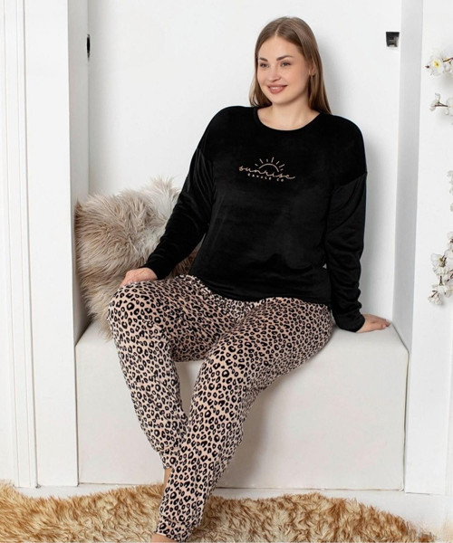 Kadın Kadife Büyük Beden Bisiklet Yaka Uzun Kol Pijama Takımı 4230/1- 1 Adet Siyah-3XL