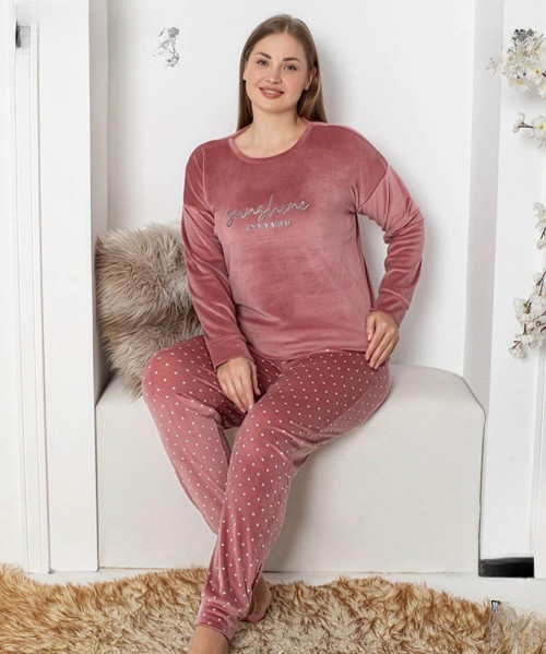 Kadın Kadife Büyük Beden Bisiklet Yaka Uzun Kol Pijama Takımı 4230/2- 1 Adet Pudra-3XL
