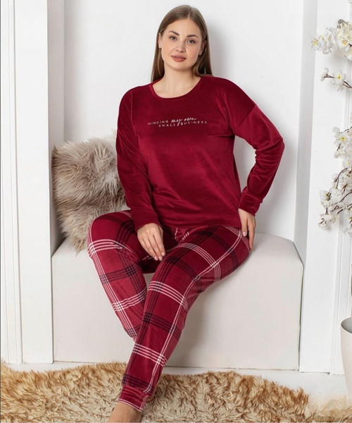 Kadın Kadife Büyük Beden Bisiklet Yaka Uzun Kol Pijama Takımı 4230/6- 1 Adet Bordo-4XL