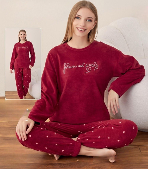 Kadın Kışlık Bisiklet Yaka Soft Kadife Pijama Takımı 07012 - 1 Adet Kırmızı-XL