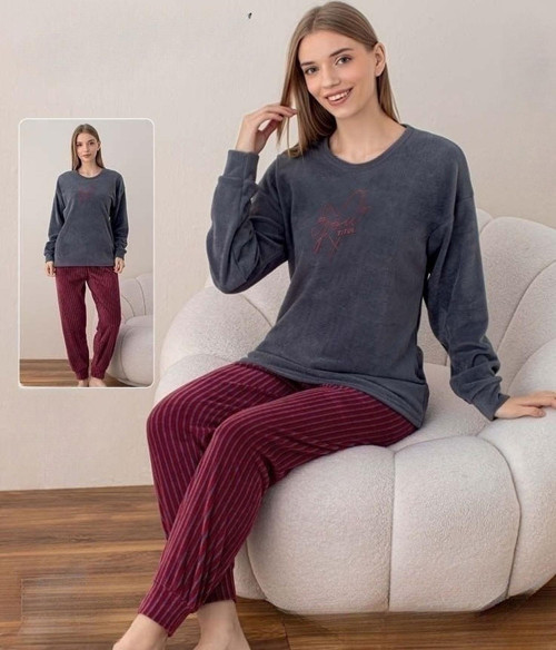 Kadın Kışlık Bisiklet Yaka Soft Kadife Pijama Takımı 07037 - 1 Adet Füme-S - M