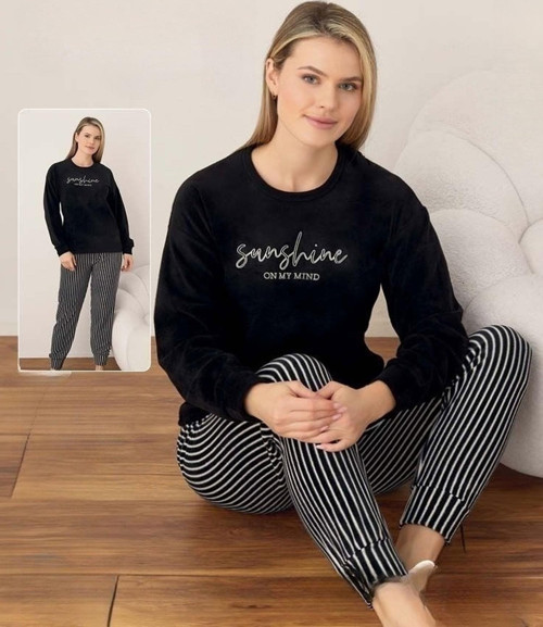 Kadın Kışlık Bisiklet Yaka Soft Kadife Pijama Takımı 07041 - 1 Adet Siyah-XL