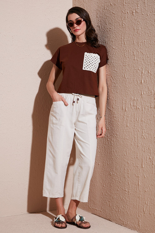 Pamuklu Relaxed Fit Yüksek Bel Geniş Kısa Paça Bayan Pantolon 668YP5318 TAŞ