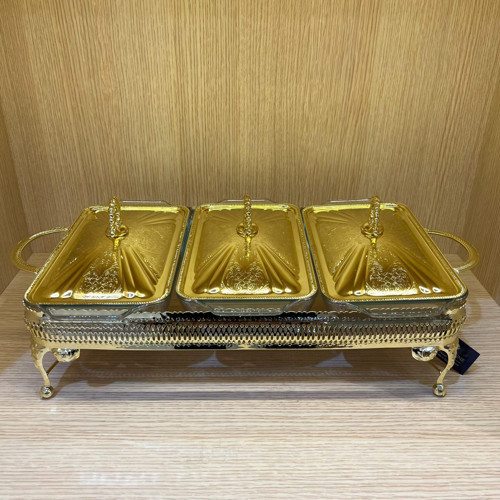 Altın Kaplama Üç Bölmeli Isıtıcılı Yemek Servis 51 x 26 x 18 cm