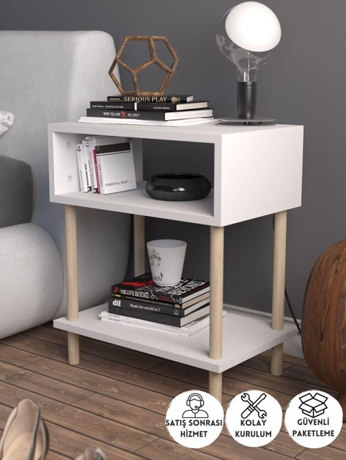 2 Raflı Modern Komodin Yatak Odası Başucu Düzenleyici Ahşap Ayaklı Yan Sehpa - Beyaz