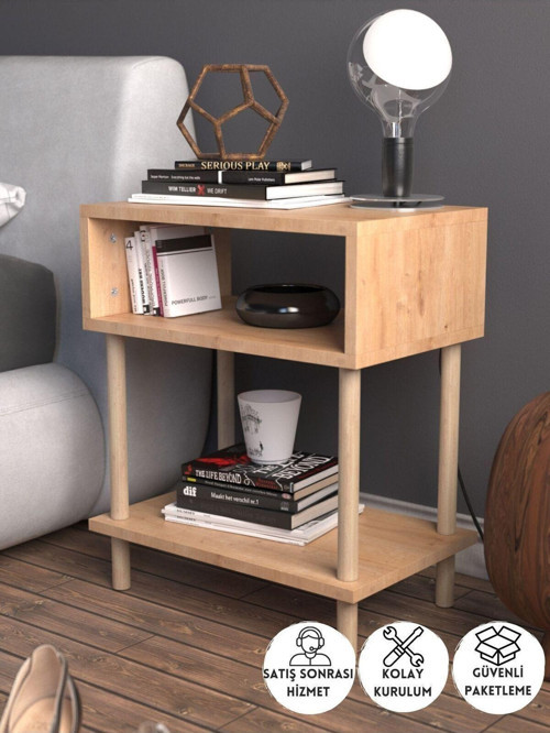 2 Raflı Modern Komodin Yatak Odası Başucu Düzenleyici Ahşap Ayaklı Yan Sehpa - Safir Meşe