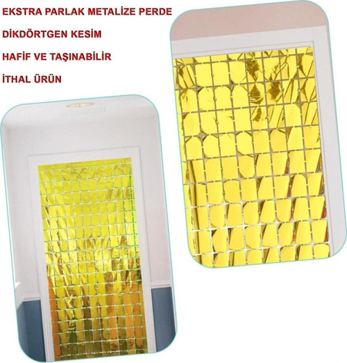 Ekstra Metalize Altın Renk Disko Dikdörtgen Kesim Kapı Perdesi Dekorasyon 1X2 Metre