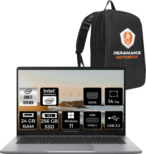 ExpertBook P1 Intel Core i7 13620H 24GB 256GB SSD 14" FHD W11H Taşınabilir Bilgisayar & PER4 Çanta