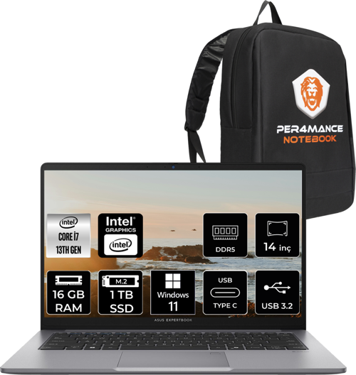 ExpertBook P1 Intel Core i7 13620H 16GB 1TB SSD 14" FHD W11P Taşınabilir Bilgisayar & PER4 Çanta