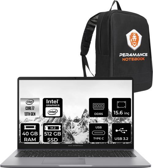 ExpertBook P1 Intel Core i7 13620H 40GB 512GB SSD 15.6" FHD FDOS Taşınabilir Bilgisayar & PER4 Çanta