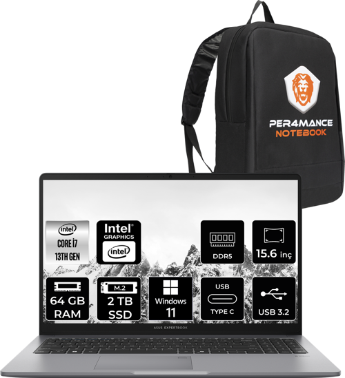 ExpertBook P1 Intel Core i7 13620H 64GB 2TB SSD 15.6" FHD W11H Taşınabilir Bilgisayar & PER4 Çanta