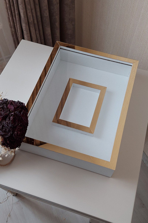 30X40 Cm Ledsiz Beyaz- Gold Fotoğraf Bölümlü Tasarım Gül Kutusu Anı Çerçevesi! Isimsiz