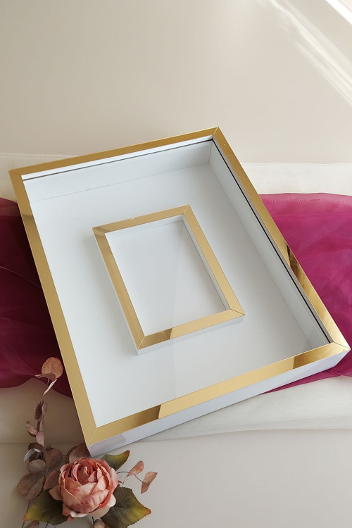 40X50 Cm Beyaz- Gold Gül Anı Çerçevesi! Fotoğraf Bölümlü Ledsiz Çerçeve! Gül Anı Çerçevesi
